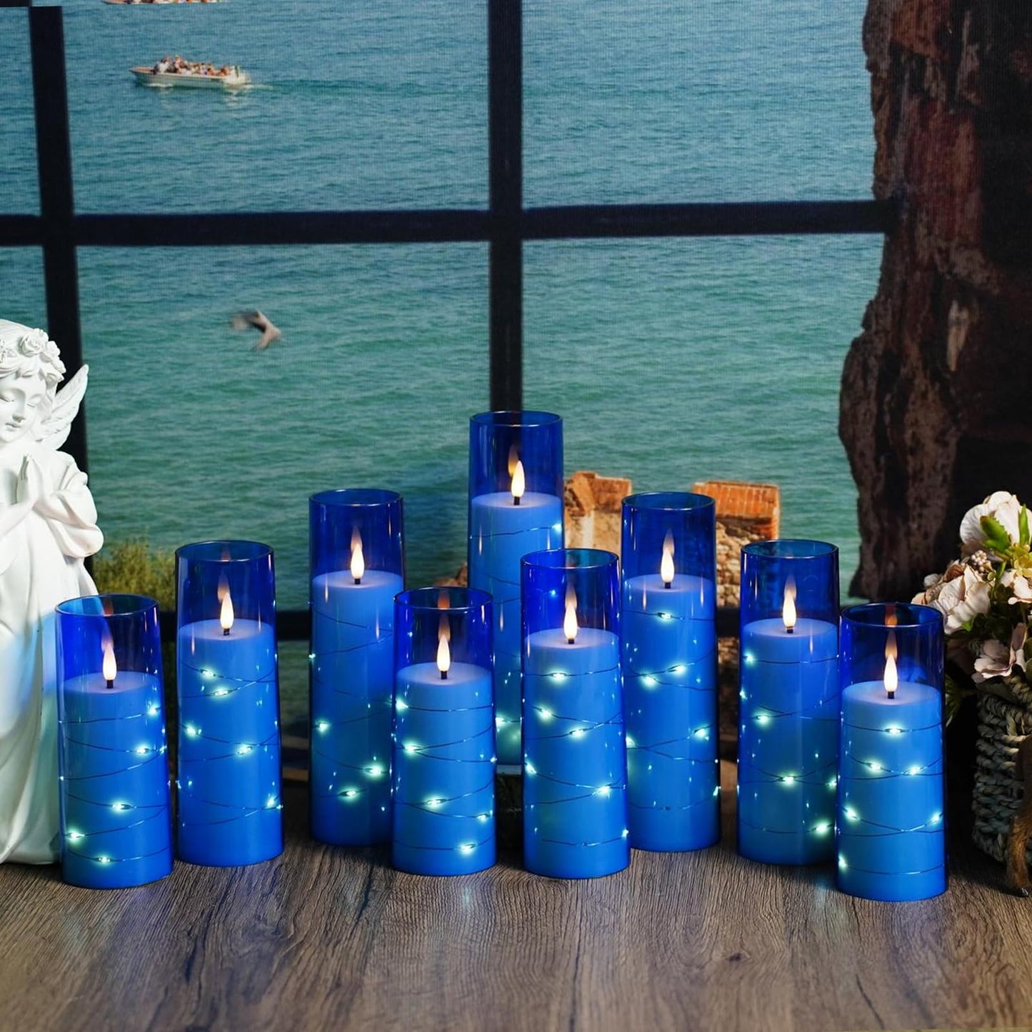 Flickering Flameless LED Candles, 9 Pcs with Embedded Star String, Acrylic LED Pillar Candles with Remote, Suitable for Home Decoration (Grey) - 7DAY'S