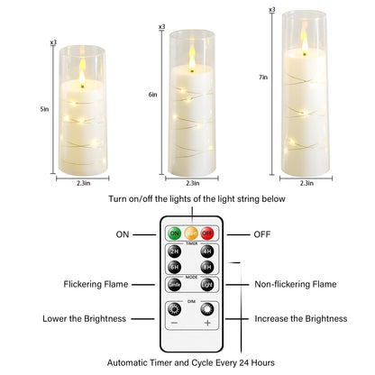 Flickering Flameless LED Candles, 9 Pcs with Embedded Star String, Acrylic LED Pillar Candles with Remote, Suitable for Home Decoration (Grey) - 7DAY'S