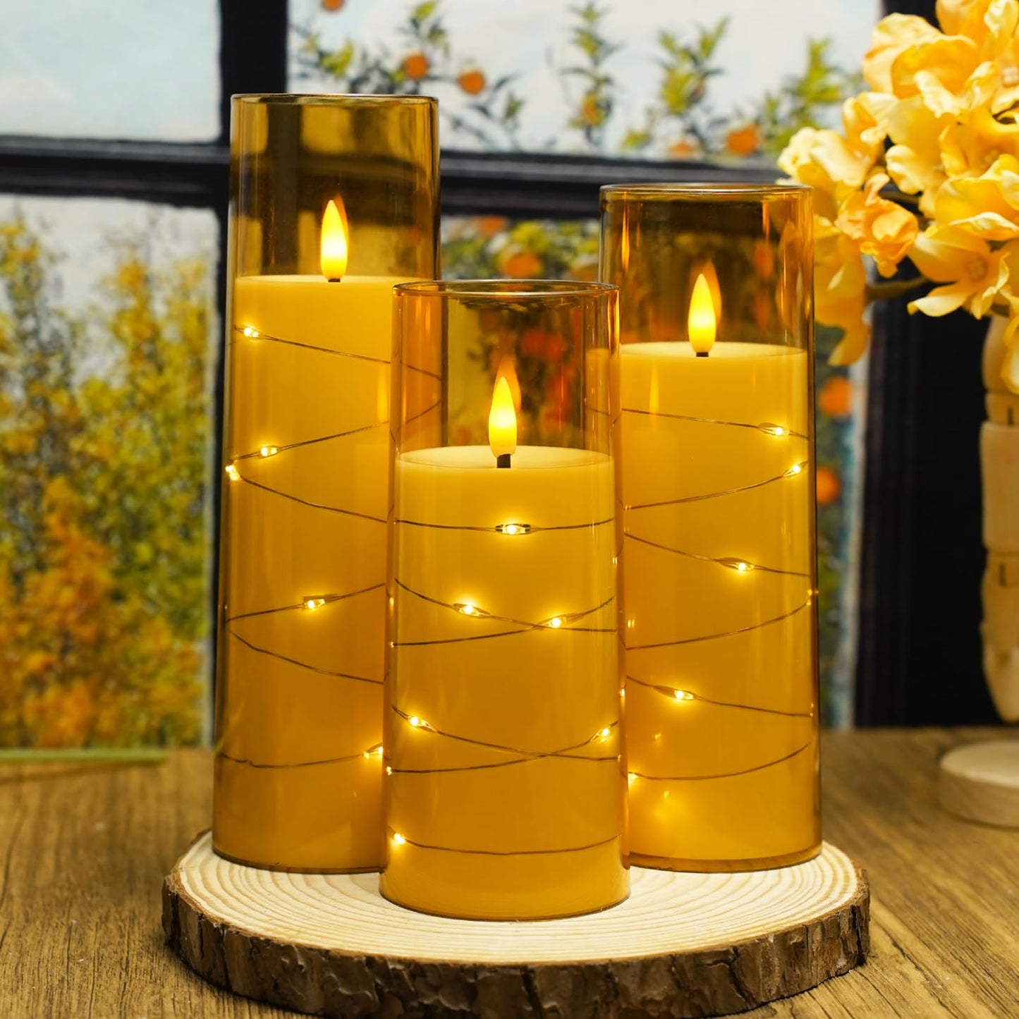 Flickering Flameless LED Candles, 9 Pcs with Embedded Star String, Acrylic LED Pillar Candles with Remote, Suitable for Home Decoration (Grey) - 7DAY'S