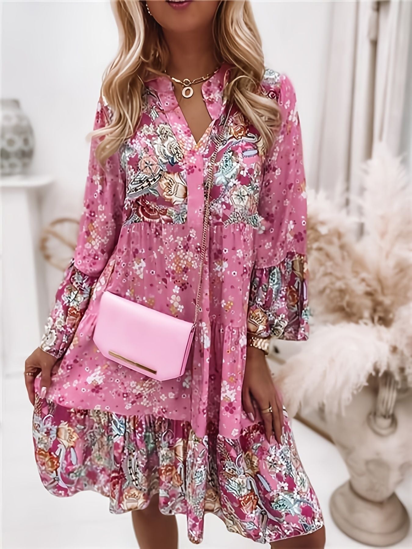 Floral Print Ruffle Hem Dress; Boho Holiday Long Sleeve V - neck Dress; Women's Clothing - 7DAY'S