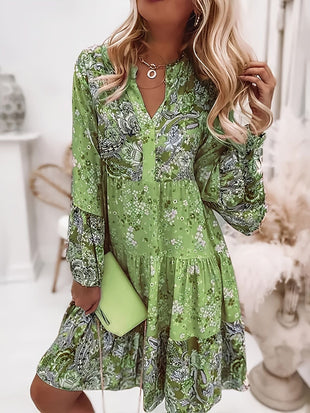 Floral Print Ruffle Hem Dress; Boho Holiday Long Sleeve V - neck Dress; Women's Clothing - 7DAY'S