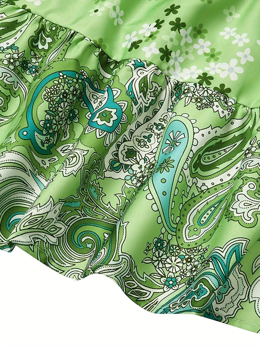 Floral Print Ruffle Hem Dress; Boho Holiday Long Sleeve V - neck Dress; Women's Clothing - 7DAY'S