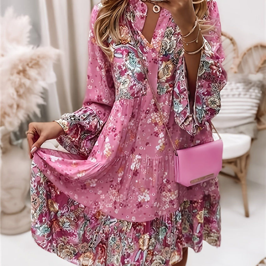 Floral Print Ruffle Hem Dress; Boho Holiday Long Sleeve V - neck Dress; Women's Clothing - 7DAY'S