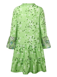 Floral Print Ruffle Hem Dress; Boho Holiday Long Sleeve V - neck Dress; Women's Clothing - 7DAY'S