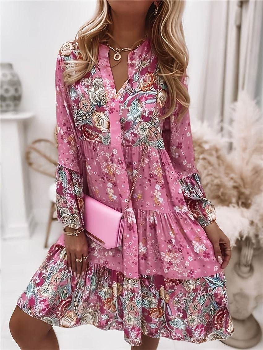 Floral Print Ruffle Hem Dress; Boho Holiday Long Sleeve V - neck Dress; Women's Clothing - 7DAY'S