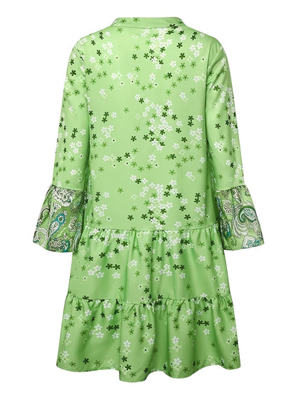 Floral Print Ruffle Hem Dress; Boho Holiday Long Sleeve V - neck Dress; Women's Clothing - 7DAY'S