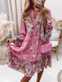 Floral Print Ruffle Hem Dress; Boho Holiday Long Sleeve V - neck Dress; Women's Clothing - 7DAY'S