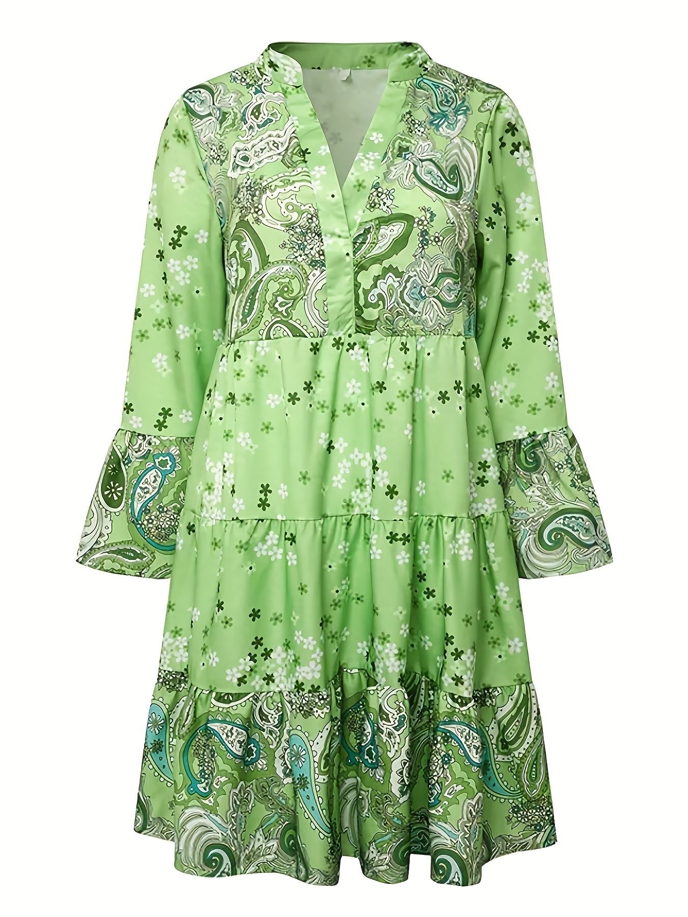 Floral Print Ruffle Hem Dress; Boho Holiday Long Sleeve V - neck Dress; Women's Clothing - 7DAY'S