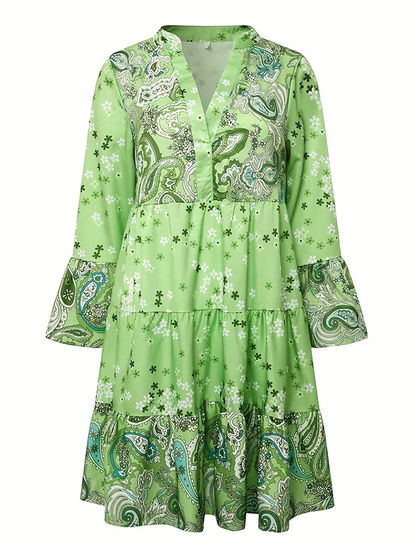 Floral Print Ruffle Hem Dress; Boho Holiday Long Sleeve V - neck Dress; Women's Clothing - 7DAY'S