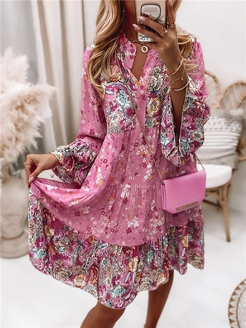 Floral Print Ruffle Hem Dress; Boho Holiday Long Sleeve V - neck Dress; Women's Clothing - 7DAY'S