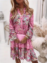 Floral Print Ruffle Hem Dress; Boho Holiday Long Sleeve V - neck Dress; Women's Clothing - 7DAY'S