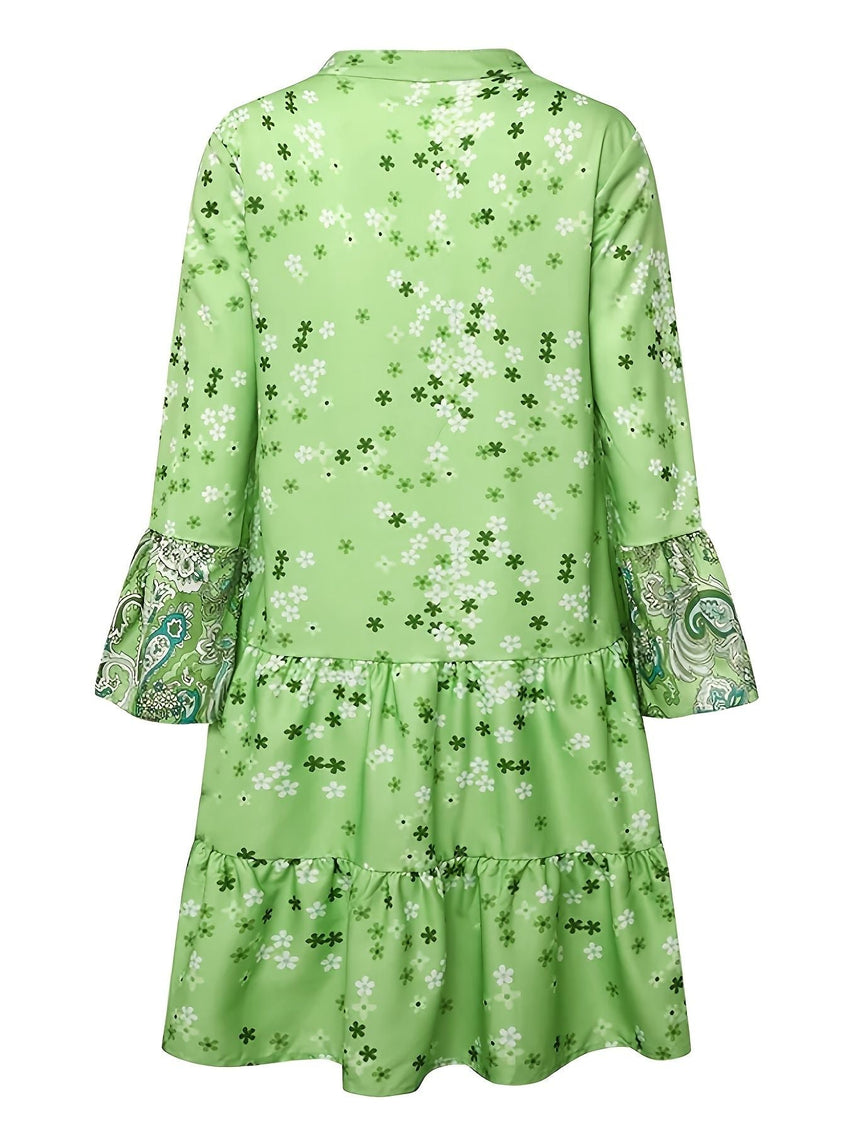 Floral Print Ruffle Hem Dress; Boho Holiday Long Sleeve V - neck Dress; Women's Clothing - 7DAY'S