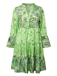 Floral Print Ruffle Hem Dress; Boho Holiday Long Sleeve V - neck Dress; Women's Clothing - 7DAY'S