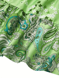 Floral Print Ruffle Hem Dress; Boho Holiday Long Sleeve V - neck Dress; Women's Clothing - 7DAY'S