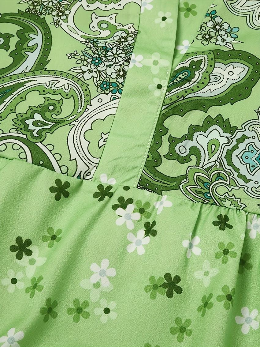 Floral Print Ruffle Hem Dress; Boho Holiday Long Sleeve V - neck Dress; Women's Clothing - 7DAY'S