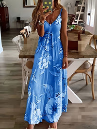 Floral Print Spaghetti Dress; Casual Crew Neck Ankle Cami Dress; Women's Clothing - 7DAY'S