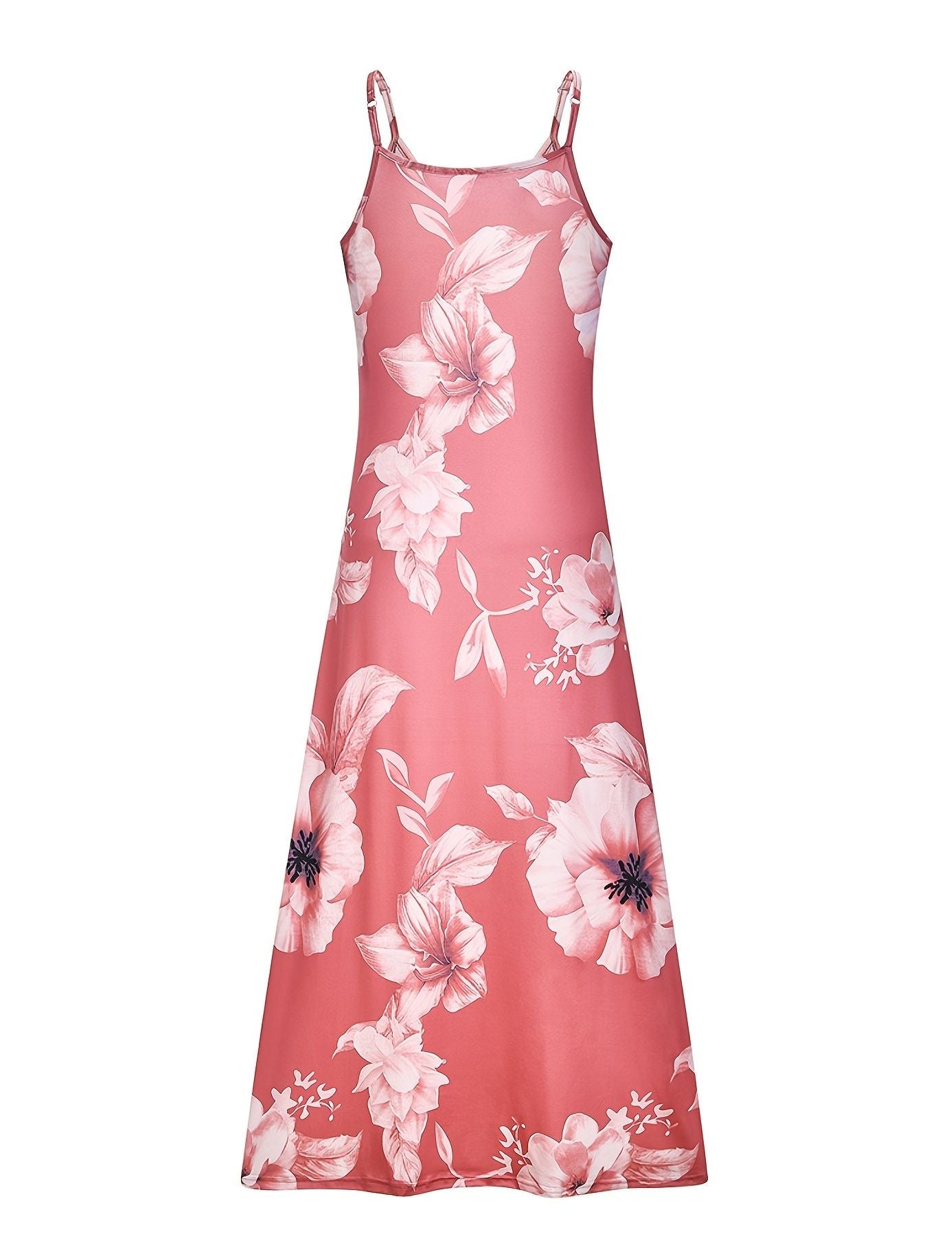 Floral Print Spaghetti Dress; Casual Crew Neck Ankle Cami Dress; Women's Clothing - 7DAY'S