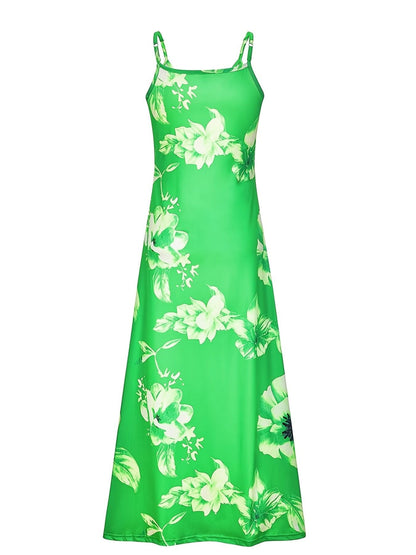 Floral Print Spaghetti Dress; Casual Crew Neck Ankle Cami Dress; Women's Clothing - 7DAY'S