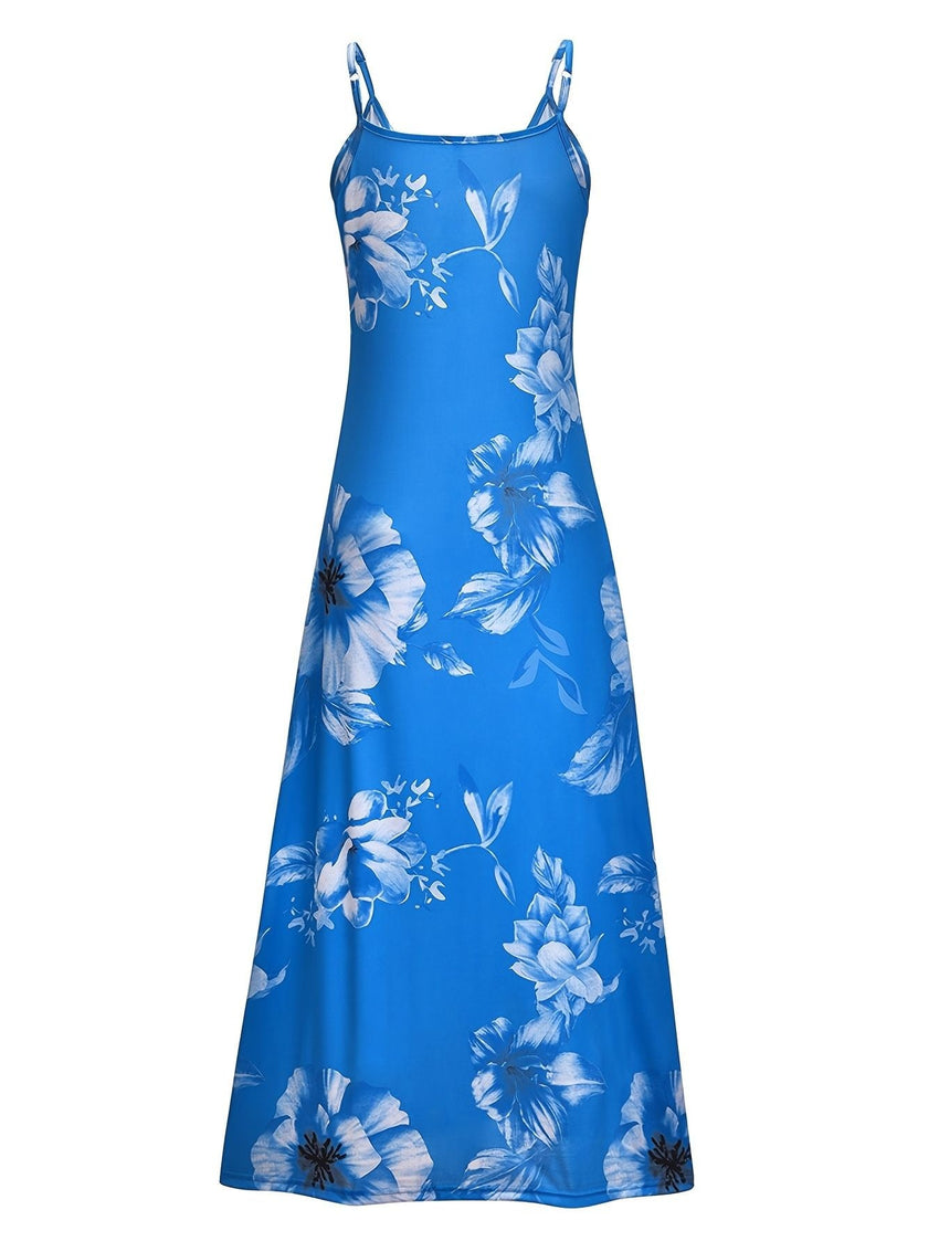 Floral Print Spaghetti Dress; Casual Crew Neck Ankle Cami Dress; Women's Clothing - 7DAY'S