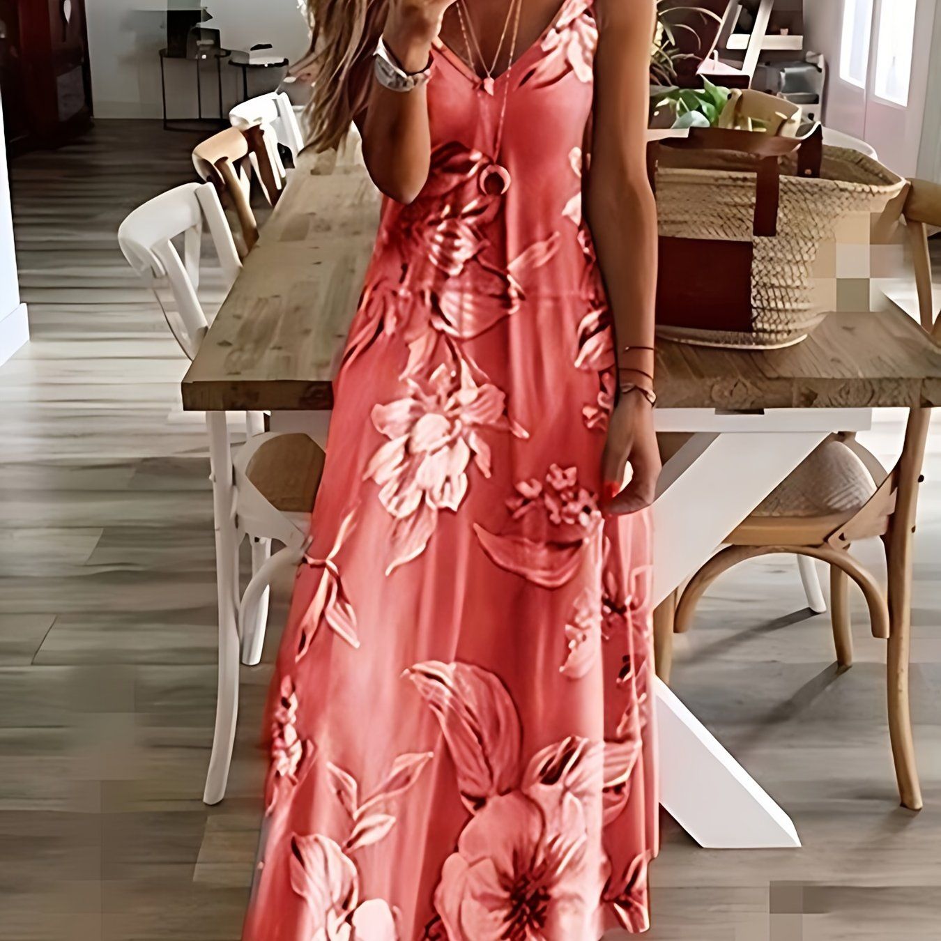Floral Print Spaghetti Dress; Casual Crew Neck Ankle Cami Dress; Women's Clothing - 7DAY'S