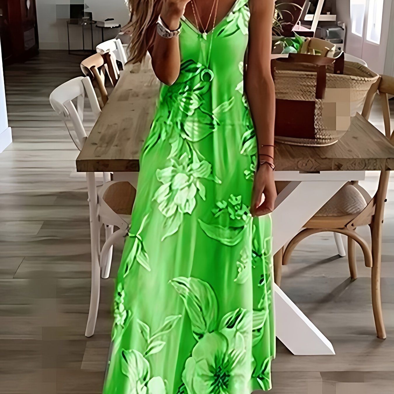 Floral Print Spaghetti Dress; Casual Crew Neck Ankle Cami Dress; Women's Clothing - 7DAY'S