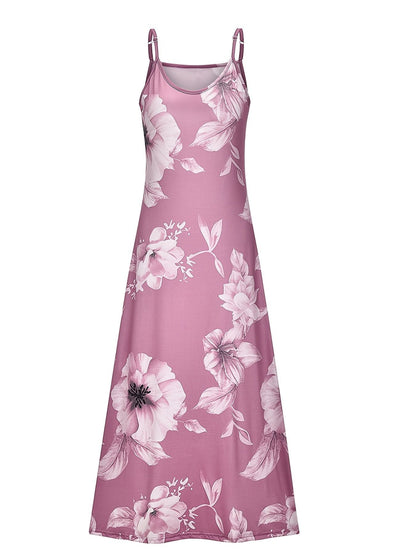 Floral Print Spaghetti Dress; Casual Crew Neck Ankle Cami Dress; Women's Clothing - 7DAY'S