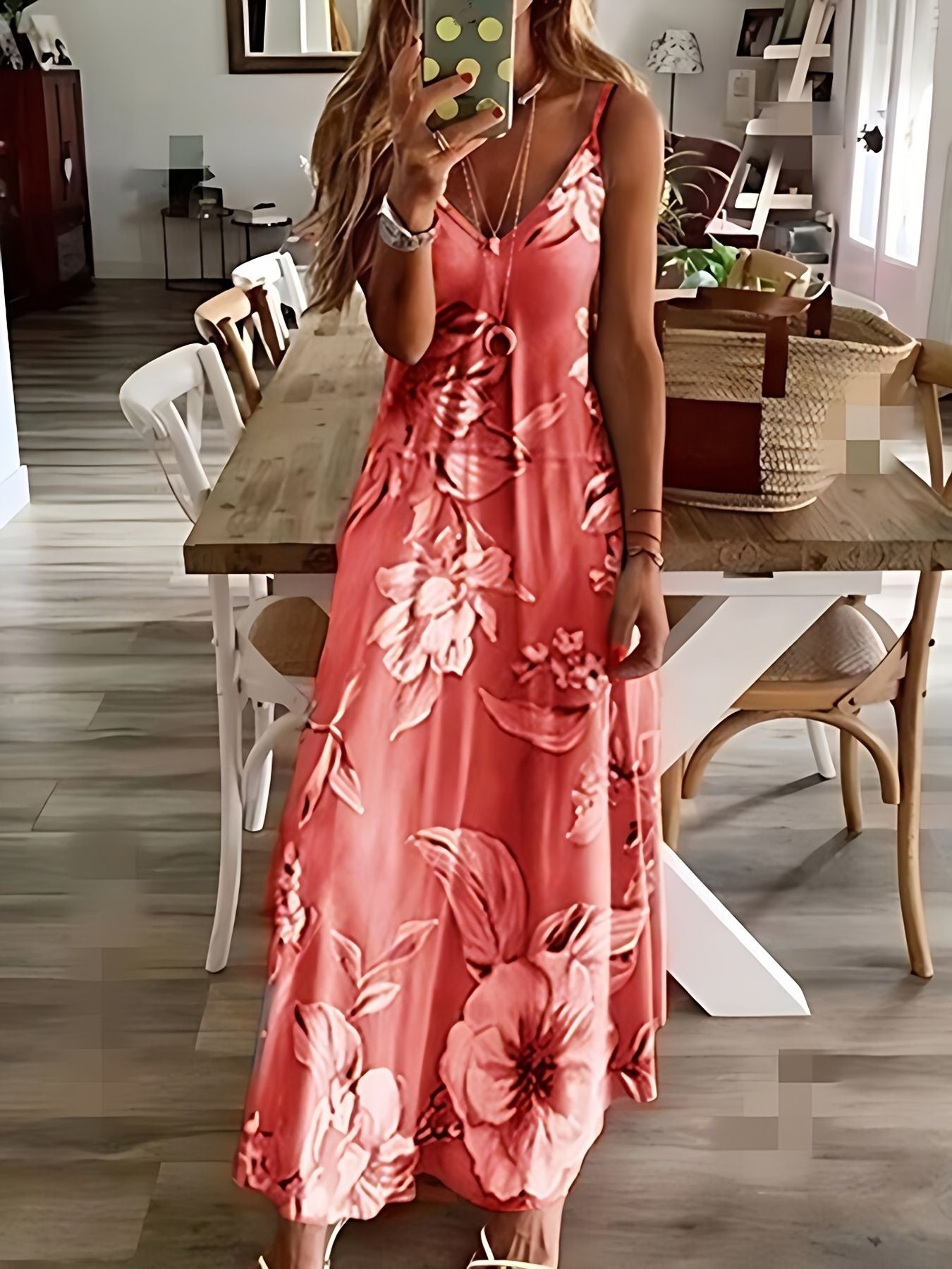Floral Print Spaghetti Dress; Casual Crew Neck Ankle Cami Dress; Women's Clothing - 7DAY'S