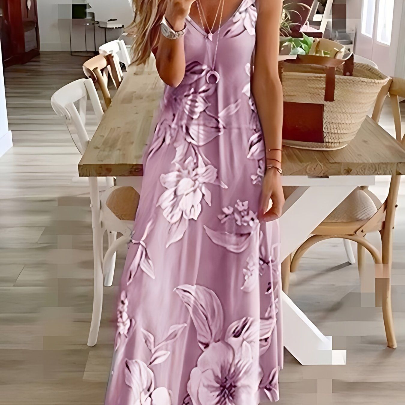 Floral Print Spaghetti Dress; Casual Crew Neck Ankle Cami Dress; Women's Clothing - 7DAY'S
