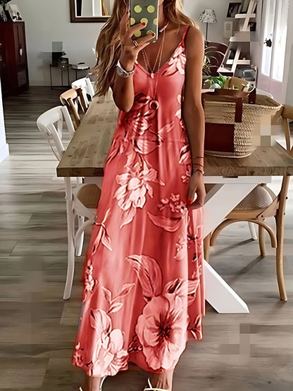 Floral Print Spaghetti Dress; Casual Crew Neck Ankle Cami Dress; Women's Clothing - 7DAY'S