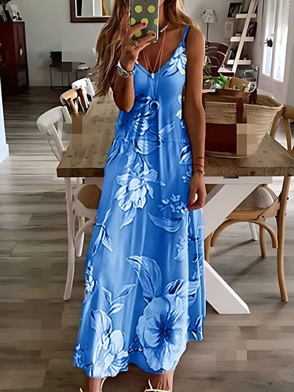 Floral Print Spaghetti Dress; Casual Crew Neck Ankle Cami Dress; Women's Clothing - 7DAY'S