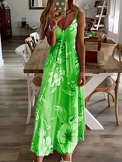 Floral Print Spaghetti Dress; Casual Crew Neck Ankle Cami Dress; Women's Clothing - 7DAY'S