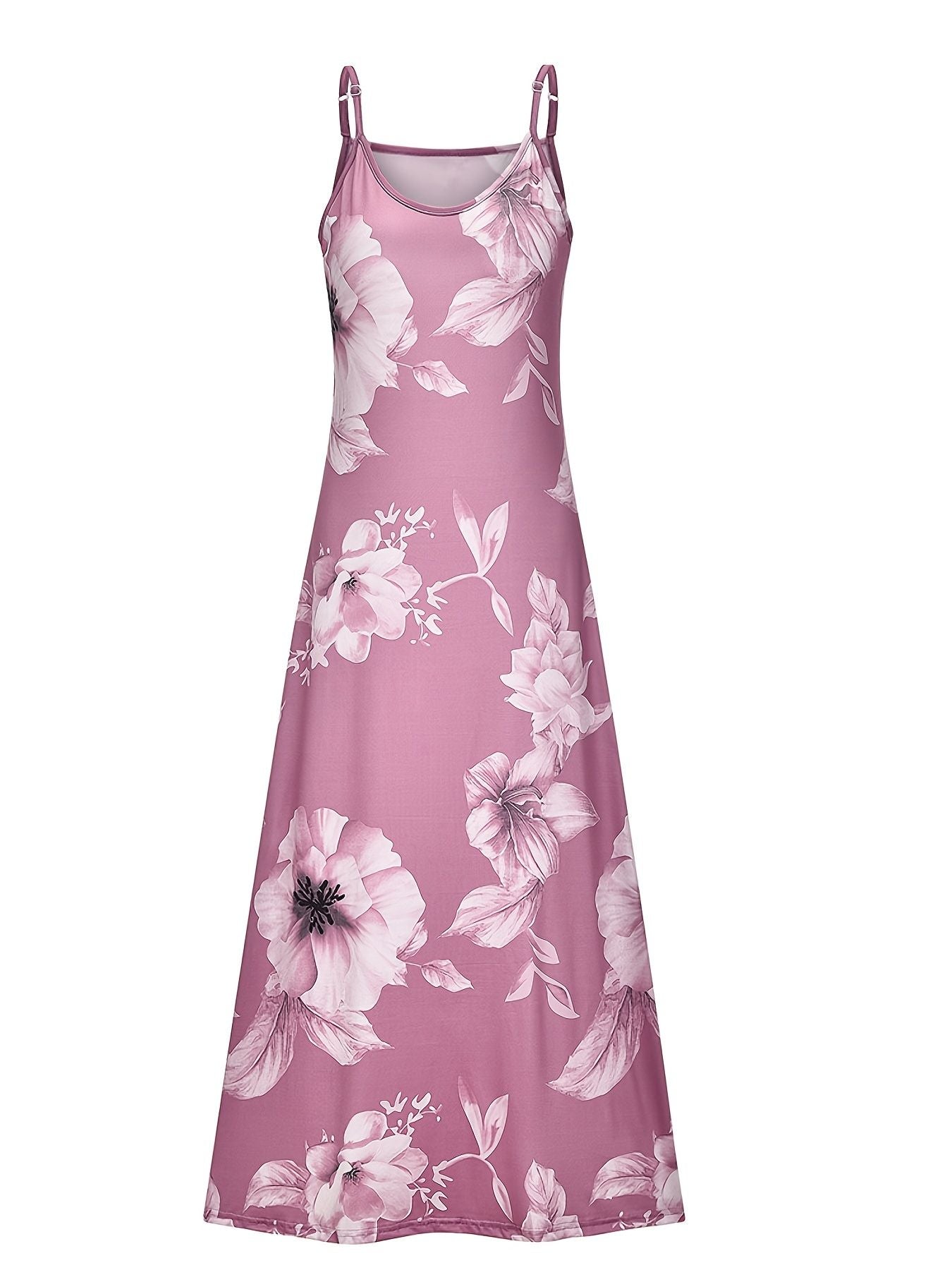 Floral Print Spaghetti Dress; Casual Crew Neck Ankle Cami Dress; Women's Clothing - 7DAY'S