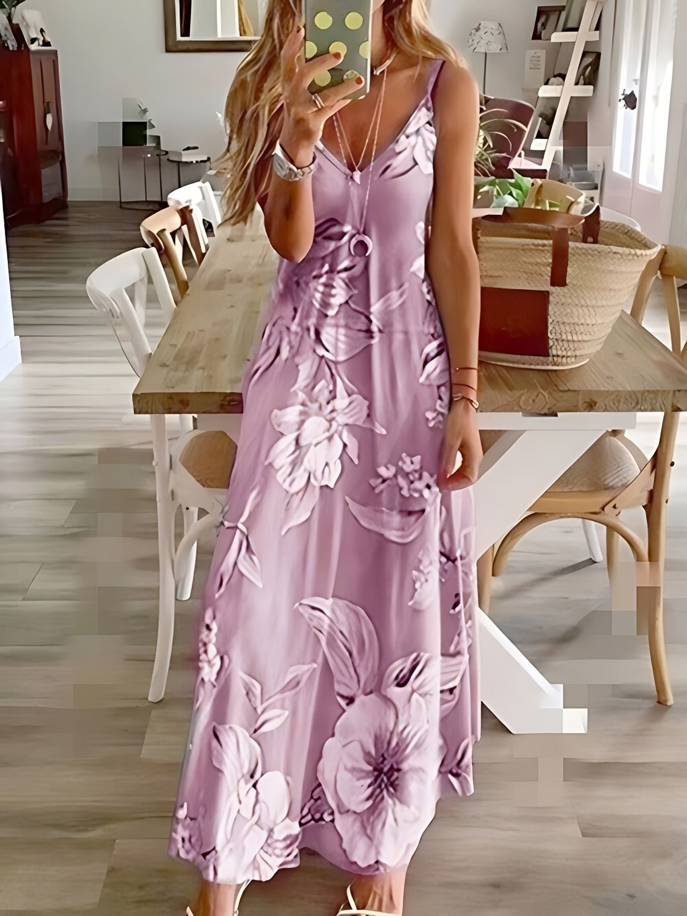 Floral Print Spaghetti Dress; Casual Crew Neck Ankle Cami Dress; Women's Clothing - 7DAY'S