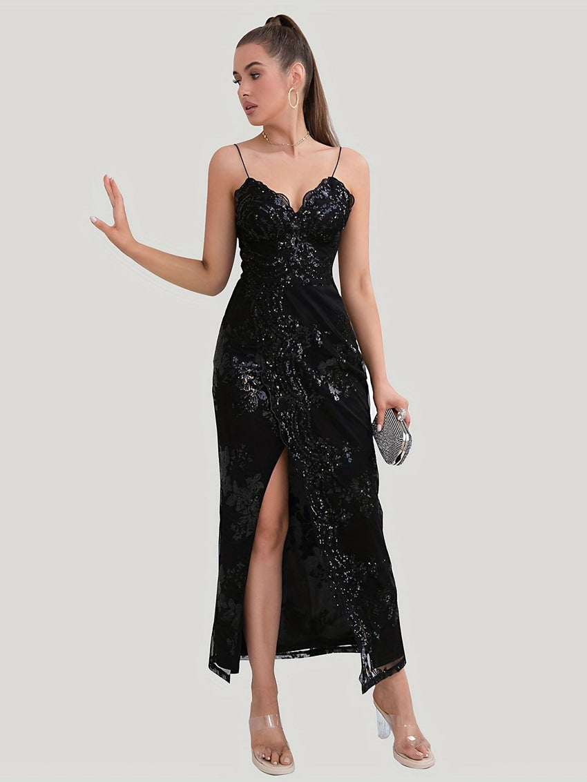 Floral Sequined Dress, Sexy Spaghetti Strap Sleeveless Party Dress, Women's Clothing - 7DAY'S