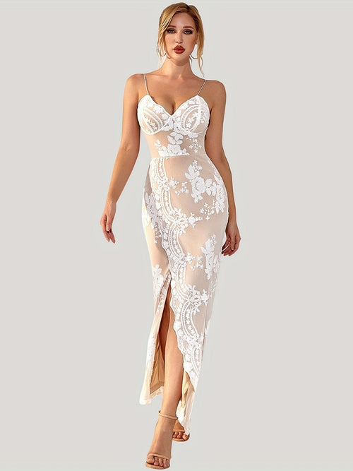 Floral Sequined Dress, Sexy Spaghetti Strap Sleeveless Party Dress, Women's Clothing - 7DAY'S