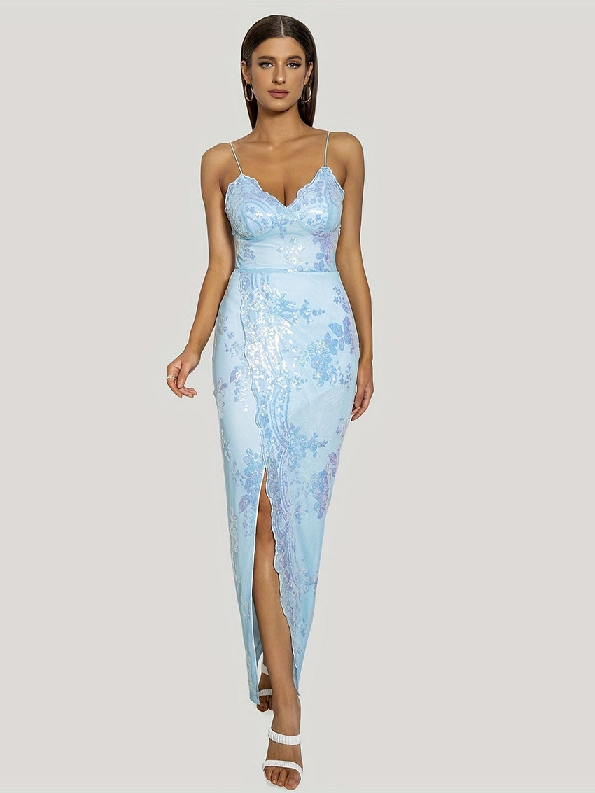 Floral Sequined Dress, Sexy Spaghetti Strap Sleeveless Party Dress, Women's Clothing - 7DAY'S