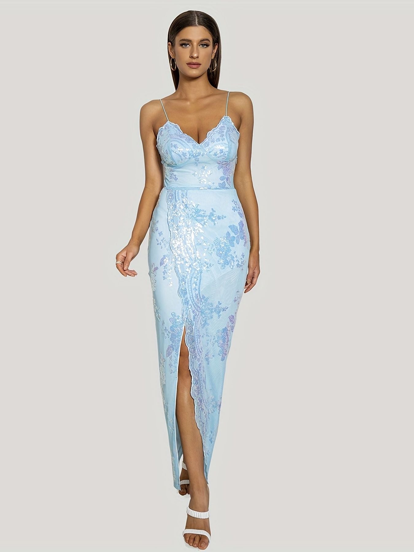 Floral Sequined Dress, Sexy Spaghetti Strap Sleeveless Party Dress, Women's Clothing - 7DAY'S