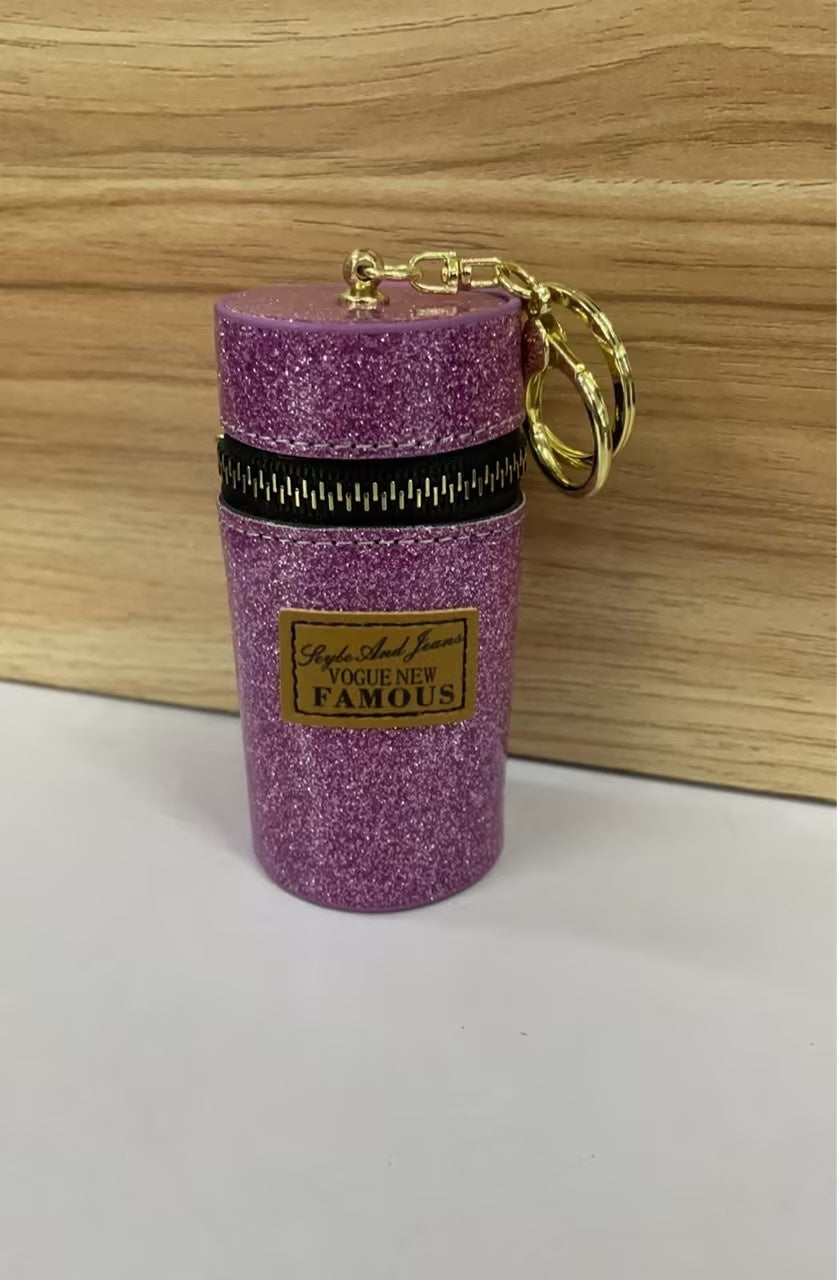 Purple glitter keychain pouch with gold zipper and charm, fashion accessory for bags or keys
