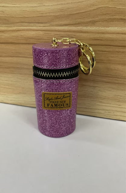 Purple glitter keychain pouch with gold zipper and charm, fashion accessory for bags or keys