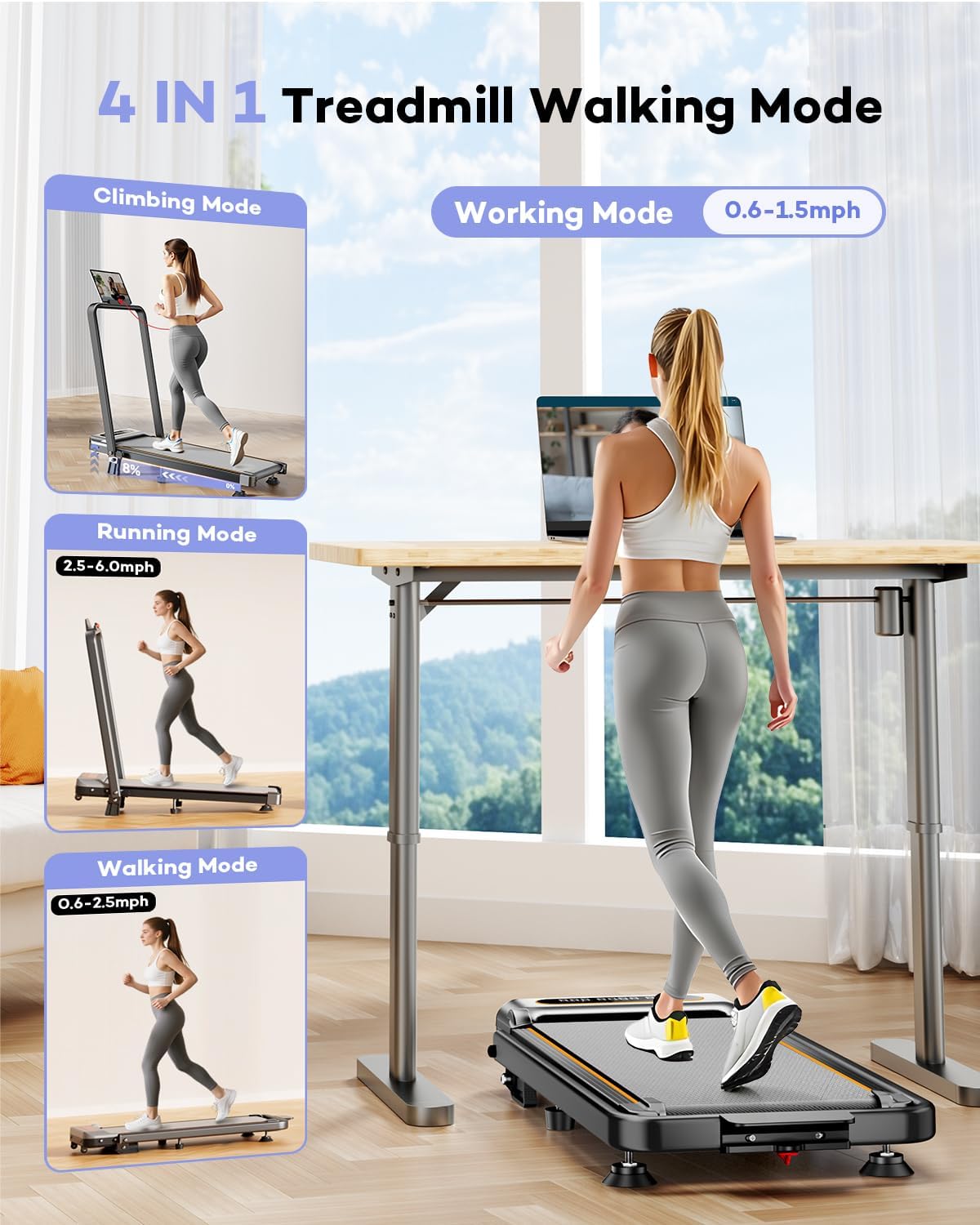 Foldable Treadmill with 8% Incline, Upgrade 3.5HP Low Noise Walking Pad Treadmill with Handle Bar, Trisomy 4 in 1 Portable Under Desk Treadmills for Home/Office, 330 Lbs Capacity, APP & Remote Control - 7DAY'S