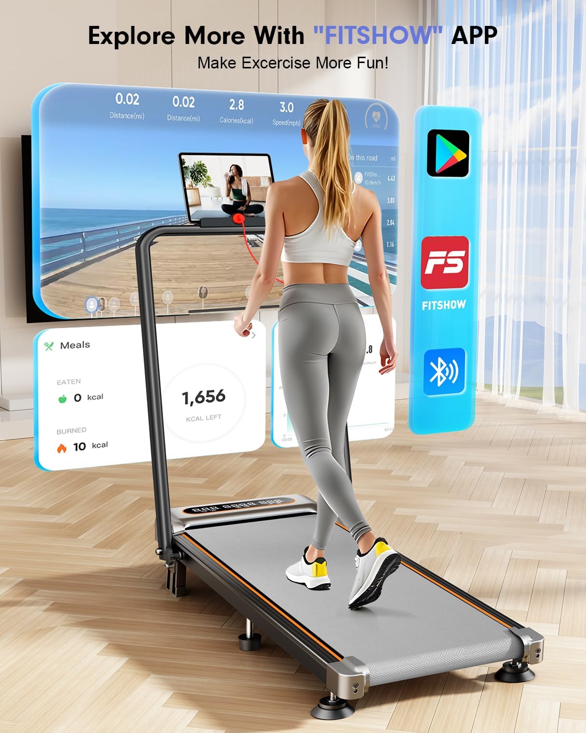 Foldable Treadmill with 8% Incline, Upgrade 3.5HP Low Noise Walking Pad Treadmill with Handle Bar, Trisomy 4 in 1 Portable Under Desk Treadmills for Home/Office, 330 Lbs Capacity, APP & Remote Control - 7DAY'S