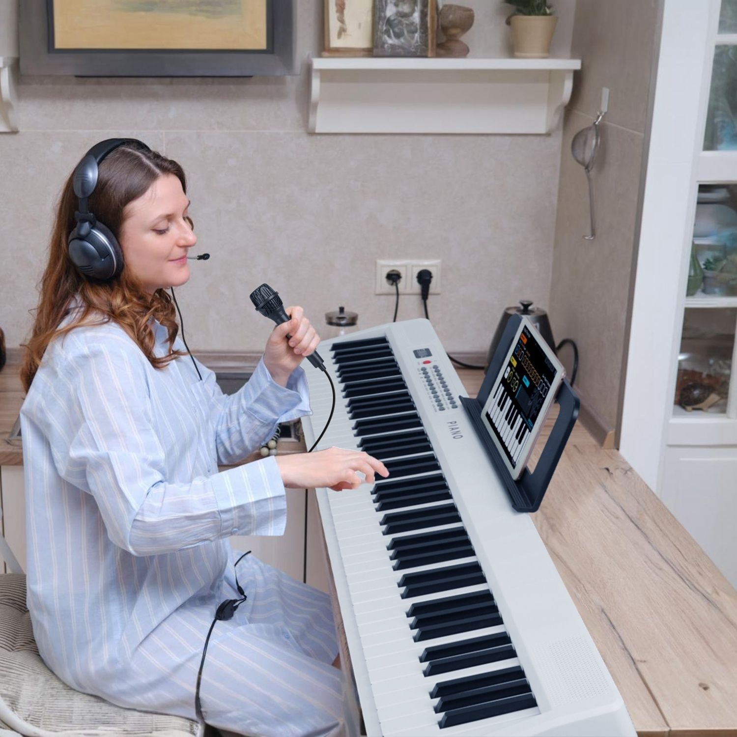 Folding Piano Keyboard 88 Keys Rechargeable Full Size Semi Weighted Piano Digital Electronic Piano with LCD Screen Carry Bag Mic Sheet Music Stand Sticker for Beginners Kids - 7DAY'S