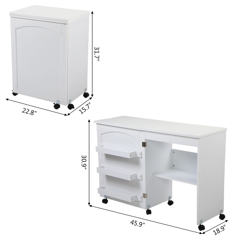 Folding Sewing Craft Cart&Sewing Cabinet Miscellaneous Sewing Kit Art Desk with Storage Shelves and Lockable Casters - White - 7DAY'S