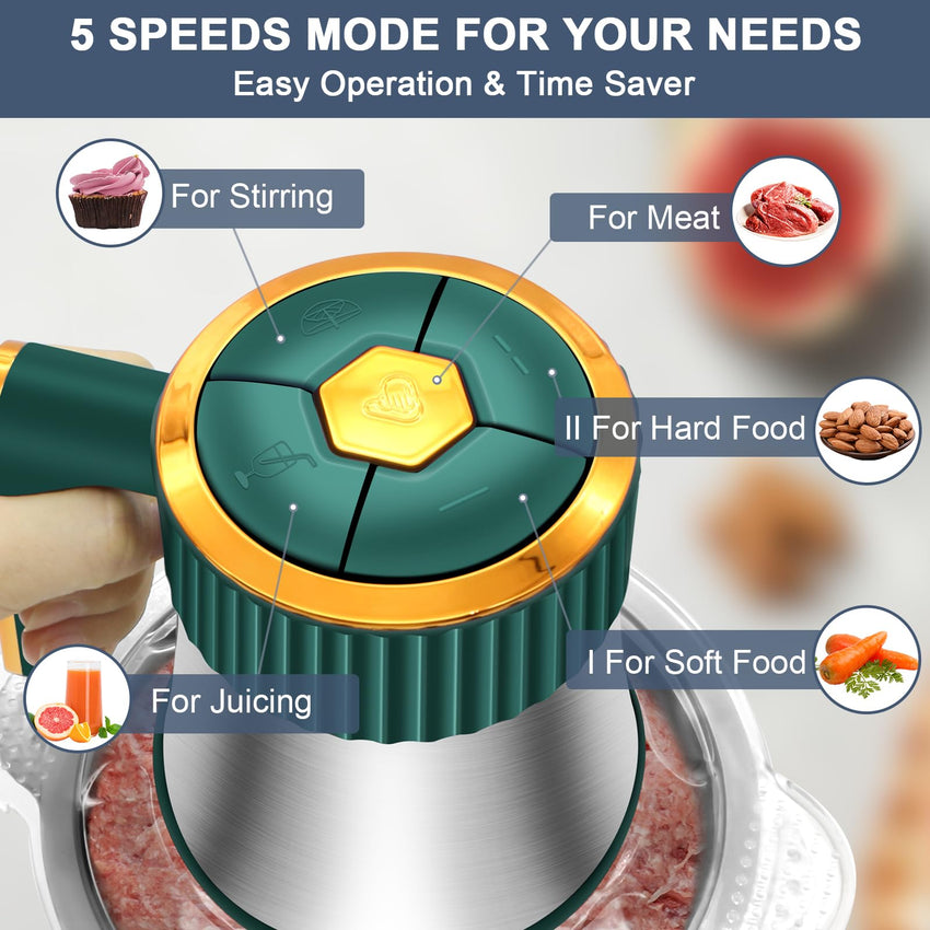 Food Processor, 5 Speed Meat Grinder Electric Food Chopper with 2 Bowls (8 Cup+8 Cup), 4 Bi - Level Blades Mini Kitchen Cutter for Vegetable, Onion, Garlic, Meat, Nuts, and Baby Food (300W Blue - 2L) - 7DAY'S
