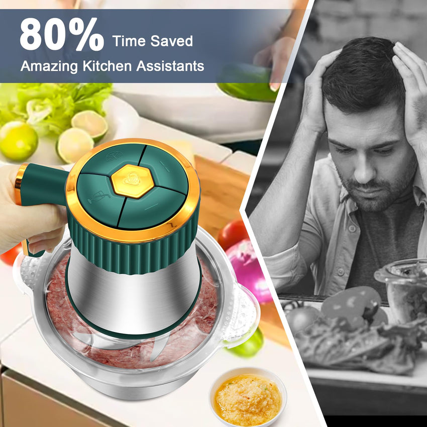 Food Processor, 5 Speed Meat Grinder Electric Food Chopper with 2 Bowls (8 Cup+8 Cup), 4 Bi - Level Blades Mini Kitchen Cutter for Vegetable, Onion, Garlic, Meat, Nuts, and Baby Food (300W Blue - 2L) - 7DAY'S