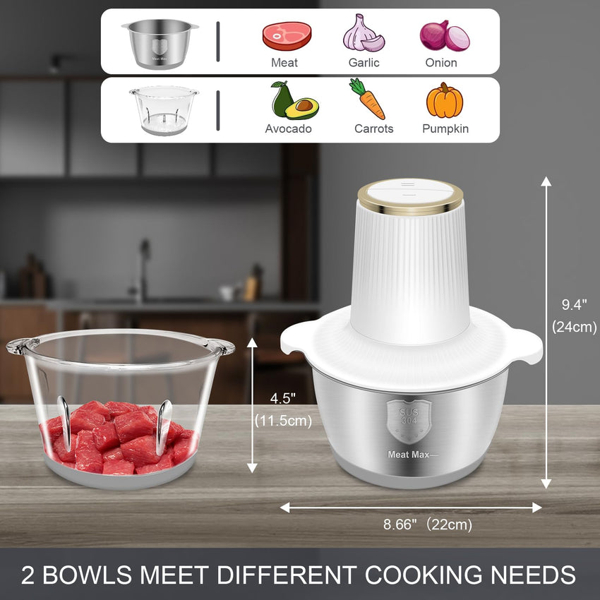 Food Processor, 5 Speed Meat Grinder Electric Food Chopper with 2 Bowls (8 Cup+8 Cup), 4 Bi - Level Blades Mini Kitchen Cutter for Vegetable, Onion, Garlic, Meat, Nuts, and Baby Food (300W Blue - 2L) - 7DAY'S