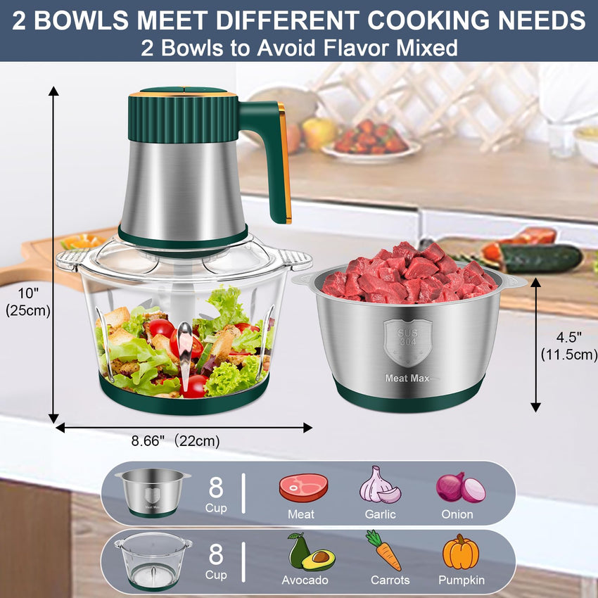 Food Processor, 5 Speed Meat Grinder Electric Food Chopper with 2 Bowls (8 Cup+8 Cup), 4 Bi - Level Blades Mini Kitchen Cutter for Vegetable, Onion, Garlic, Meat, Nuts, and Baby Food (300W Blue - 2L) - 7DAY'S