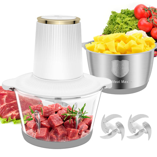 Food Processor, 5 Speed Meat Grinder Electric Food Chopper with 2 Bowls (8 Cup+8 Cup), 4 Bi - Level Blades Mini Kitchen Cutter for Vegetable, Onion, Garlic, Meat, Nuts, and Baby Food (300W Blue - 2L) - 7DAY'S