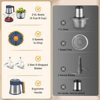 Food Processor, 5 Speed Meat Grinder Electric Food Chopper with 2 Bowls (8 Cup+8 Cup), 4 Bi - Level Blades Mini Kitchen Cutter for Vegetable, Onion, Garlic, Meat, Nuts, and Baby Food (300W Blue - 2L) - 7DAY'S