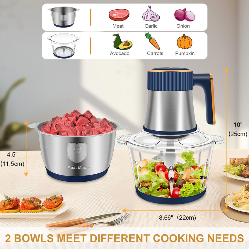 Food Processor, 5 Speed Meat Grinder Electric Food Chopper with 2 Bowls (8 Cup+8 Cup), 4 Bi - Level Blades Mini Kitchen Cutter for Vegetable, Onion, Garlic, Meat, Nuts, and Baby Food (300W Blue - 2L) - 7DAY'S